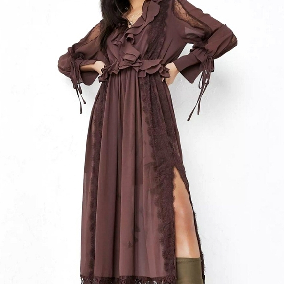 Ruffle Trim Deep V Maxi Dress - Brown main image 0
